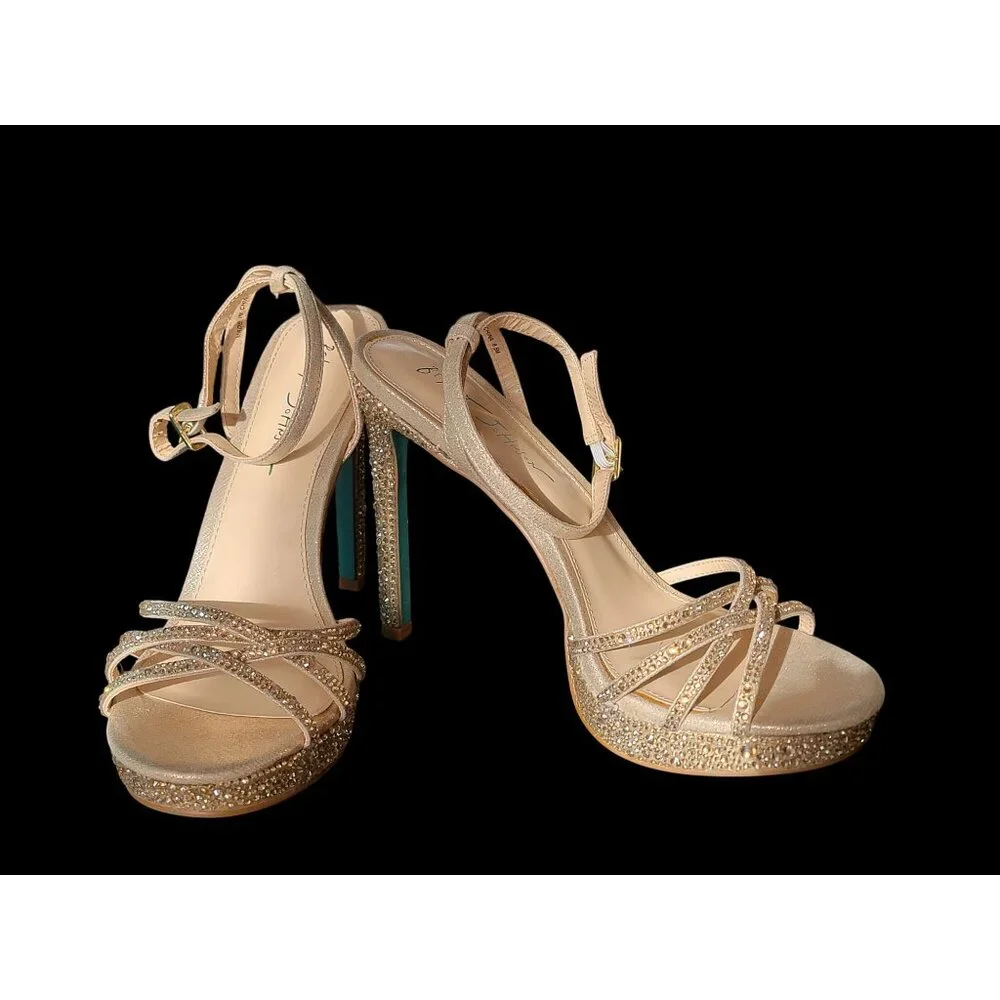 Betsey Johnson SB Adde Champagne Rhinestone Heel Sandals 9.5M Glass & Fabric